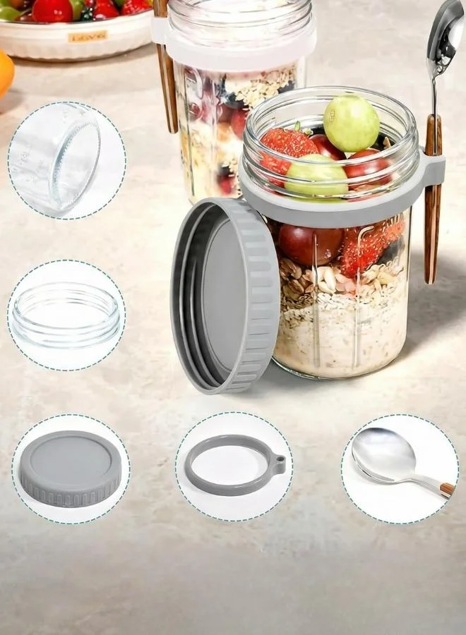Casa Quesera  Overnight Oats Glass Jars Set of 6 (16oz) – Leakproof Containers with Spoons | 3 Grey & 3 White Lids |  | Best Price UAE